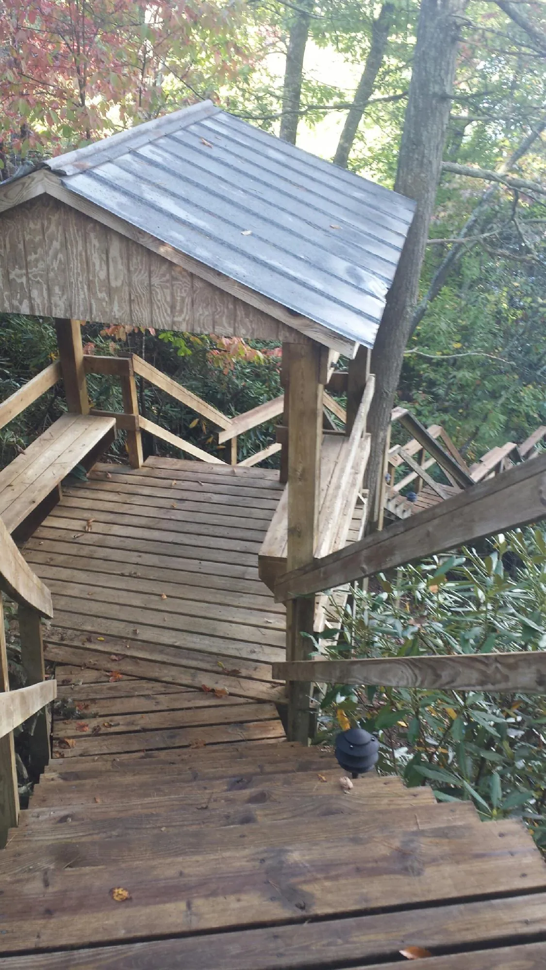 Metal roofed shelter over wooden steps on a wooded walkway — Skylight Repair & Installation work by our crew in Sanger
